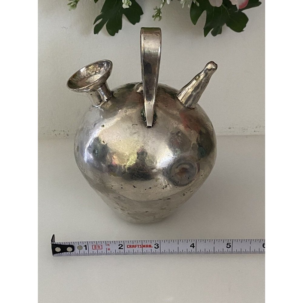 Vtg Metal Silver Color Gargoulette Jug or Botijo Water‎ Oil Jug Pitcher Handmade - Picture 8 of 16